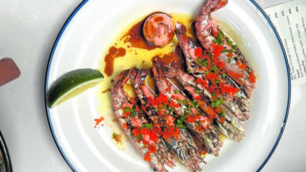 Pat Go’s roasted river prawns with torched “mentaiko”